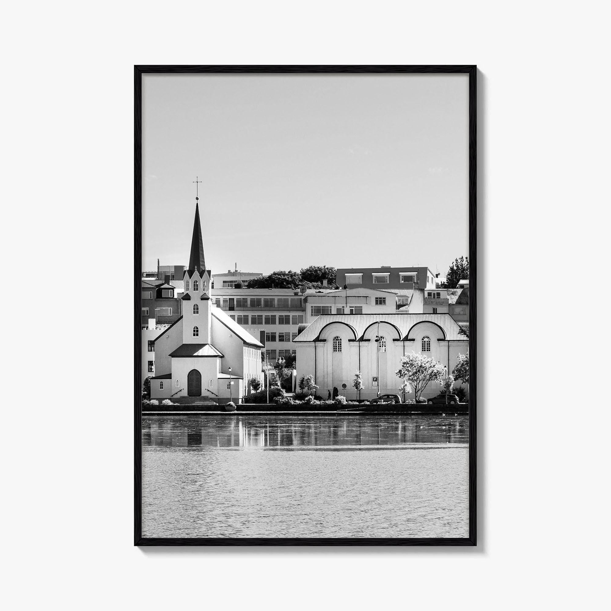 Reykjavik Black and White Fine Art Photo Print, Iceland City Center Lake Wall Poster