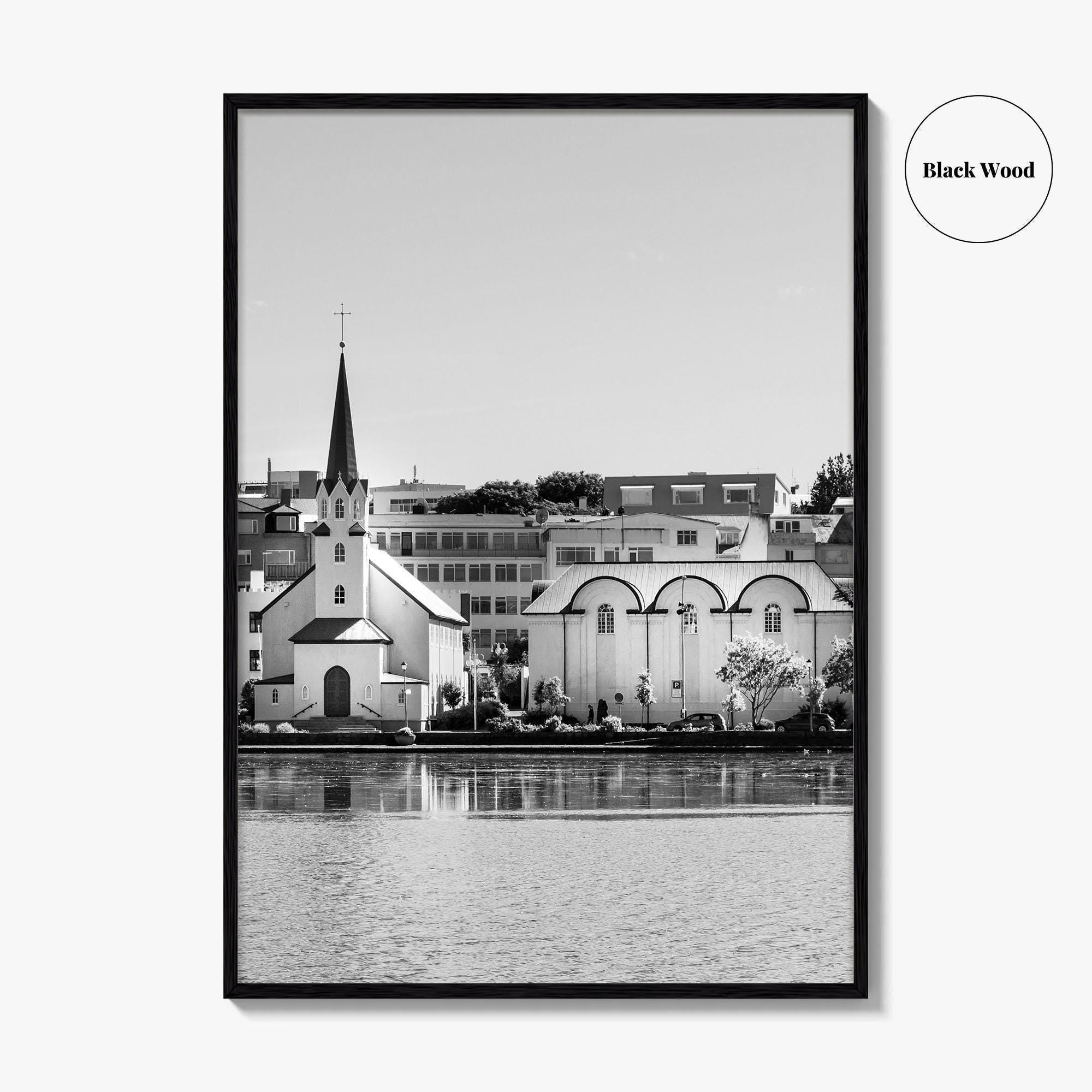 Reykjavik Black and White Fine Art Photo Print, Iceland City Center Lake Wall Poster