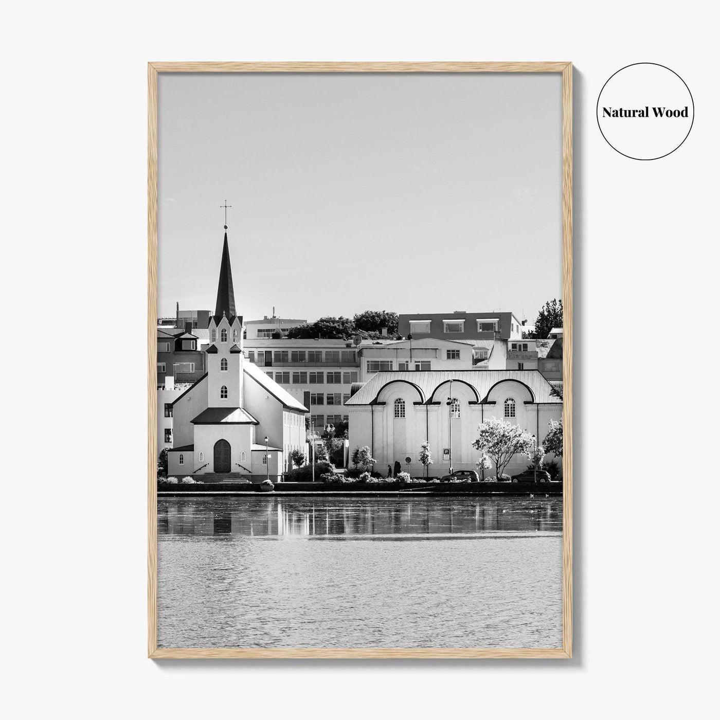 Reykjavik Black and White Fine Art Photo Print, Iceland City Center Lake Wall Poster