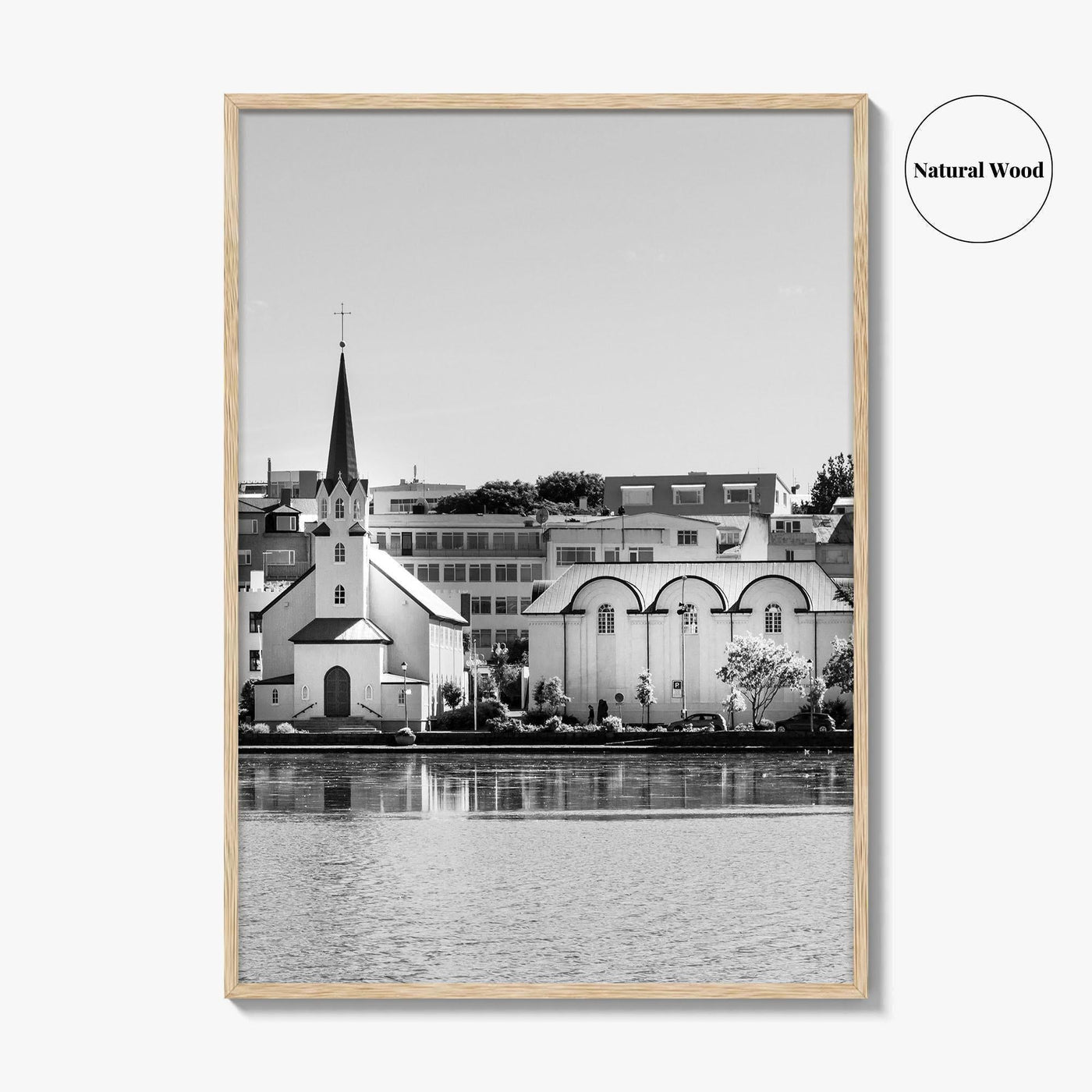 Reykjavik Black and White Fine Art Photo Print, Iceland City Center Lake Wall Poster
