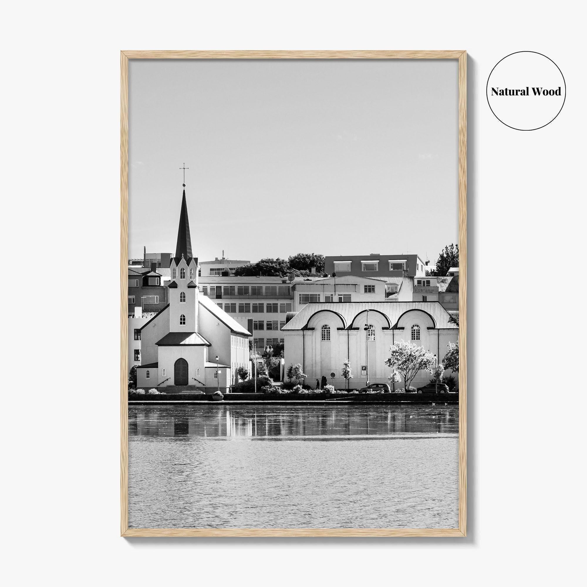 Reykjavik Black and White Fine Art Photo Print, Iceland City Center Lake Wall Poster