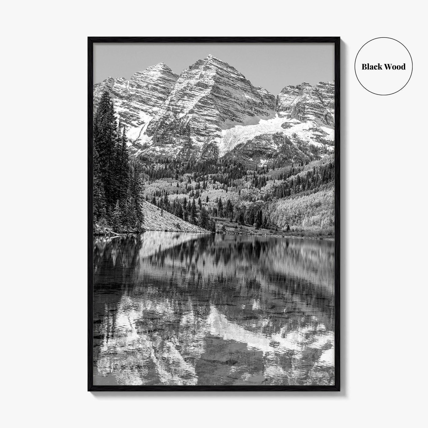 Maroon Bells Black and White Fine Art Photo Print, Aspen Colorado Lake Poster