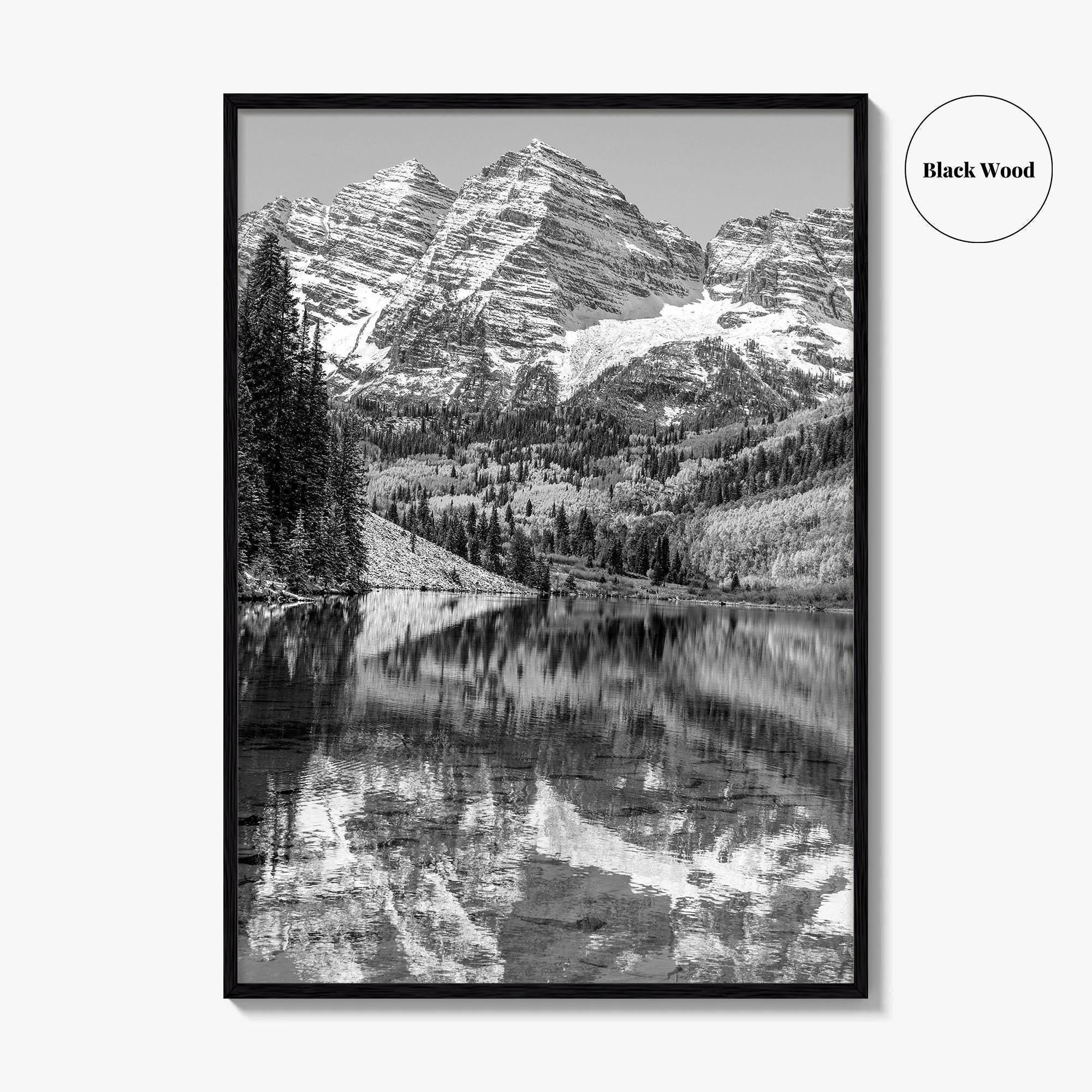 Maroon Bells Black and White Fine Art Photo Print, Aspen Colorado Lake Poster