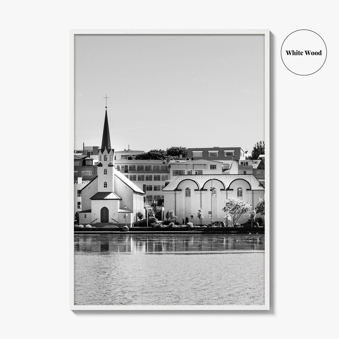 Reykjavik Black and White Fine Art Photo Print, Iceland City Center Lake Wall Poster