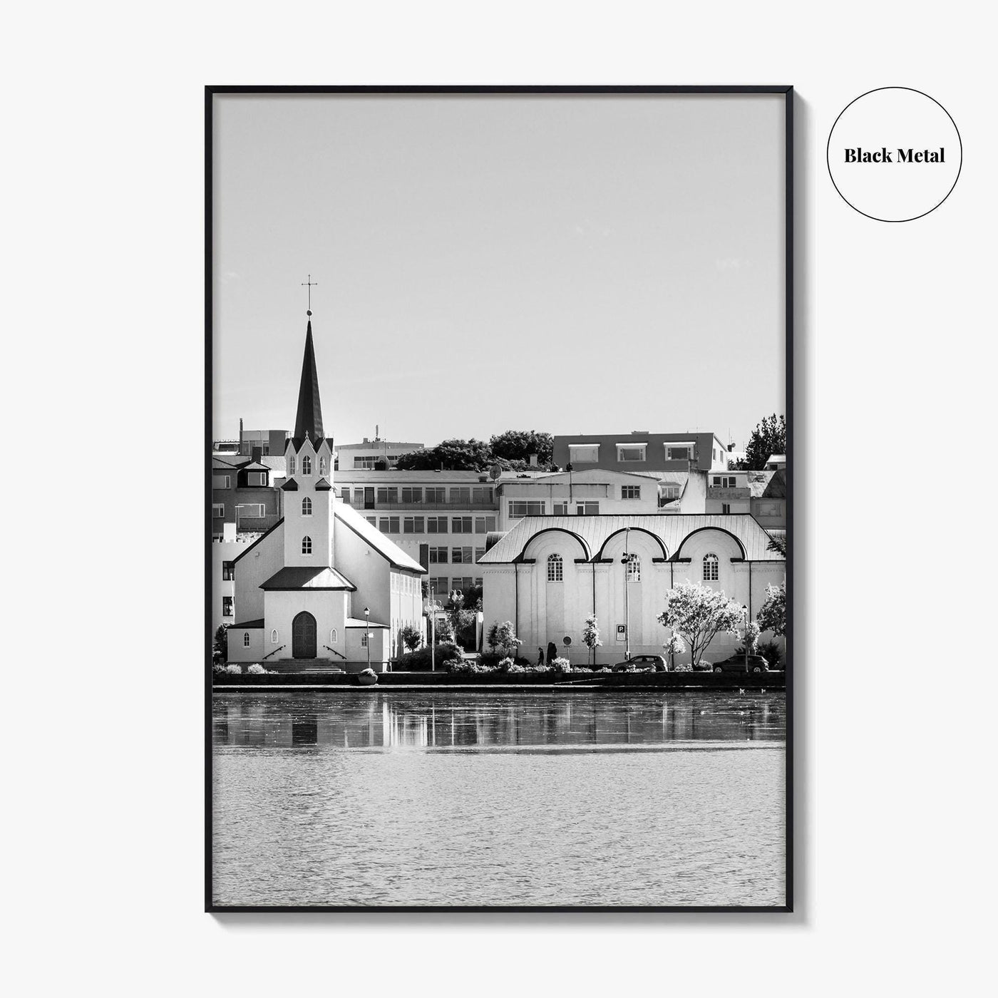 Reykjavik Black and White Fine Art Photo Print, Iceland City Center Lake Wall Poster