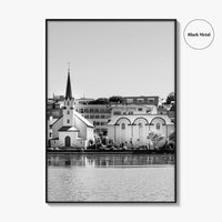 Reykjavik Black and White Fine Art Photo Print, Iceland City Center Lake Wall Poster