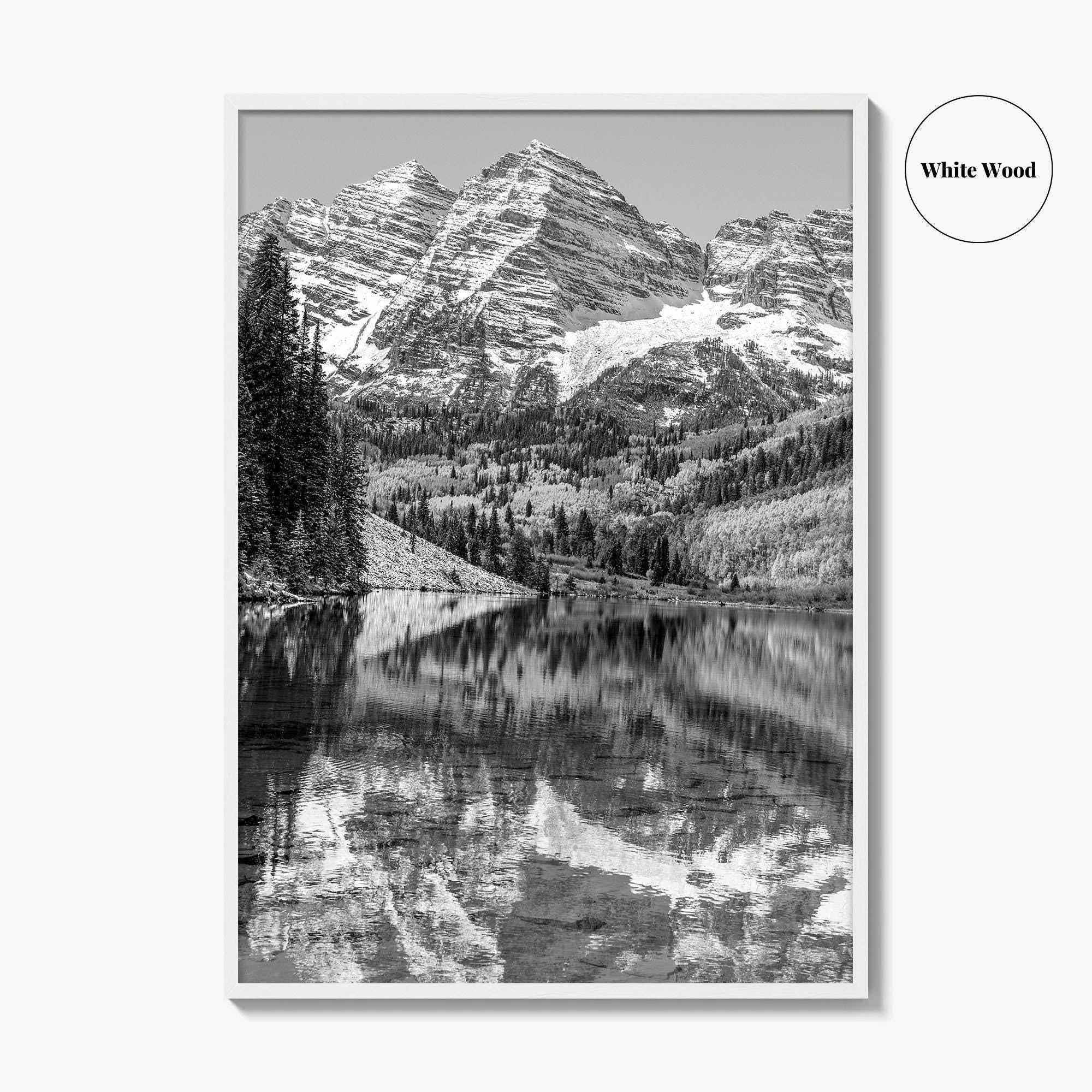 Maroon Bells Black and White Fine Art Photo Print, Aspen Colorado Lake Poster