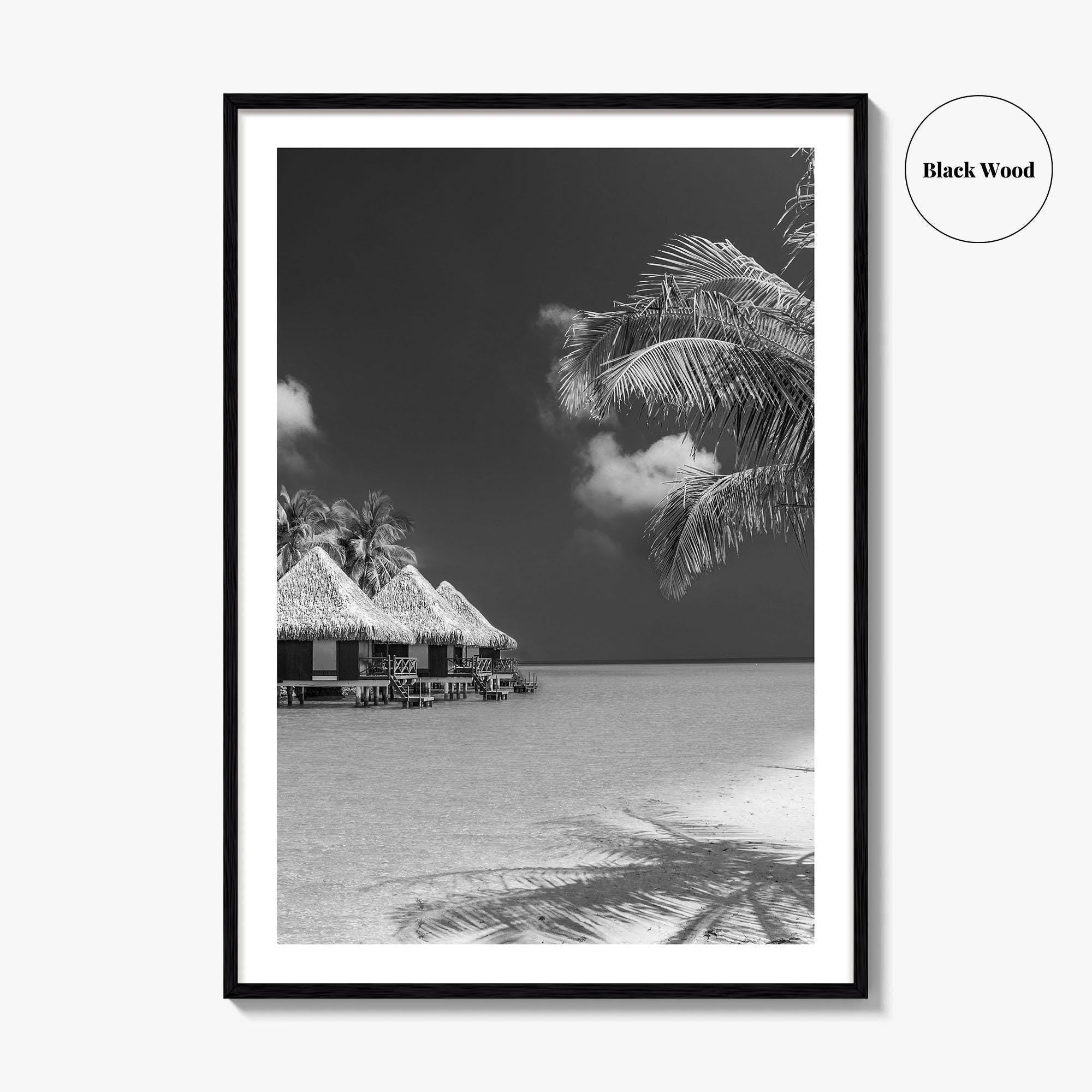 Maldives Black and White Fine Art Photo Print, Overwater Bungalows, Tropical Beach, Wall Poster