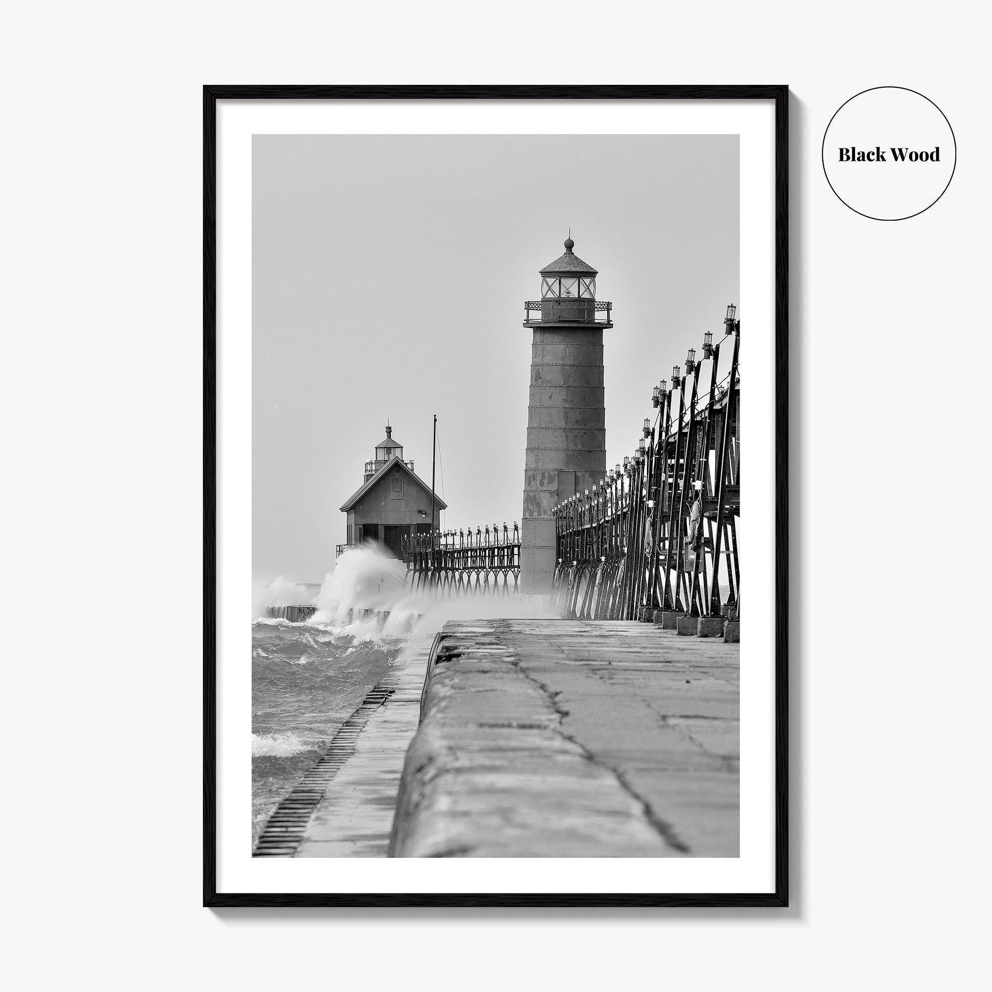 Grand Haven Black and White Fine Art Photo Print, Lighthouse, Michigan USA, Wall Poster