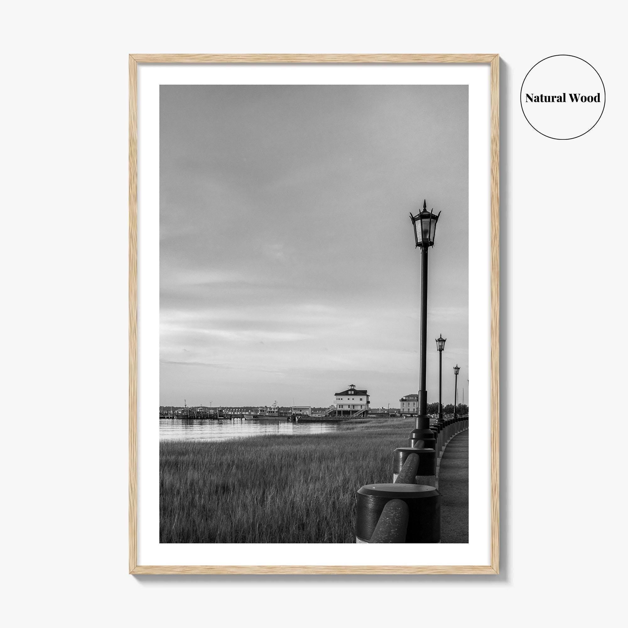 Charleston South Carolina Black and White Fine Art Photo Print, Boardwalk, Street Lamps, USA