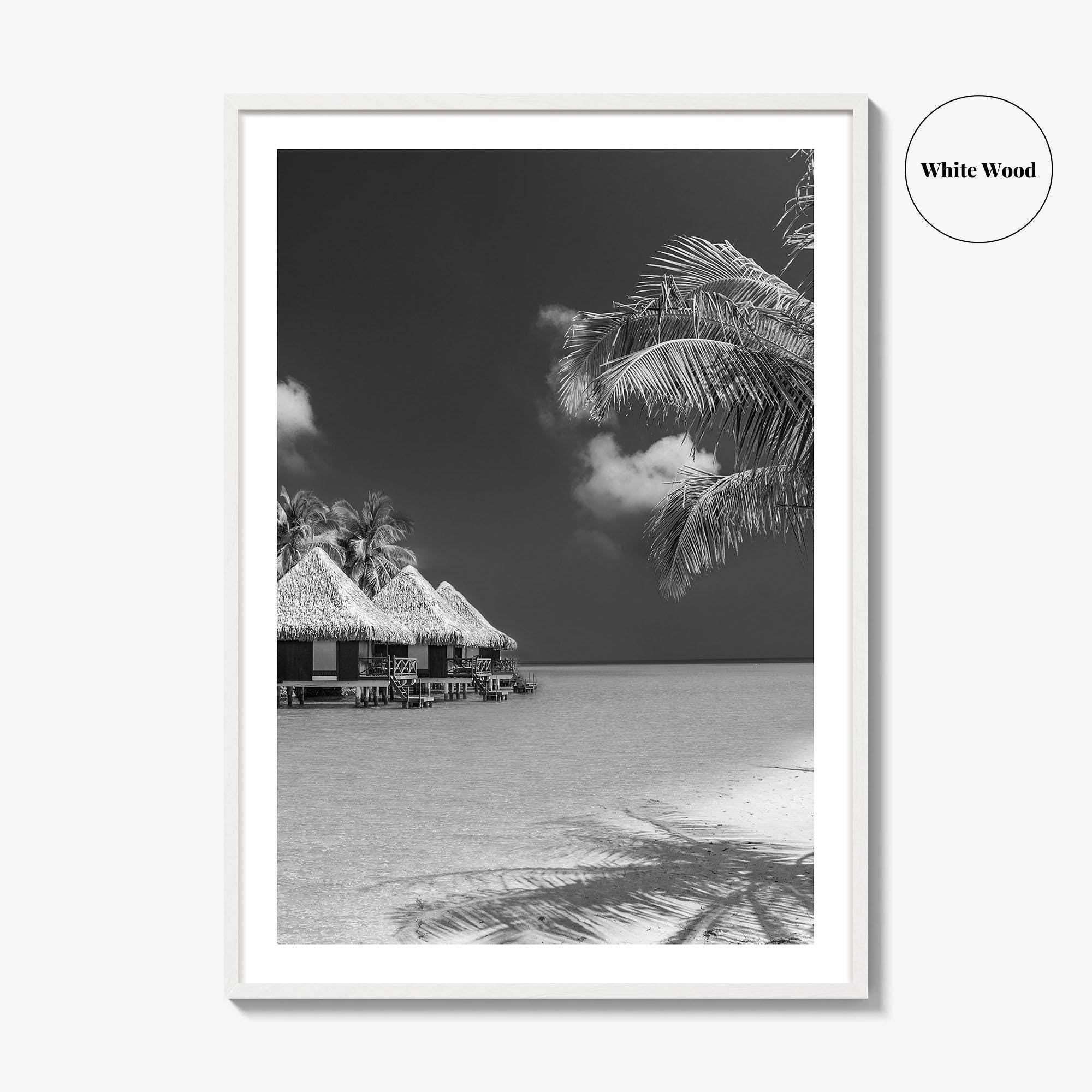 Maldives Black and White Fine Art Photo Print, Overwater Bungalows, Tropical Beach, Wall Poster