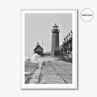 Grand Haven Black and White Fine Art Photo Print, Lighthouse, Michigan USA, Wall Poster