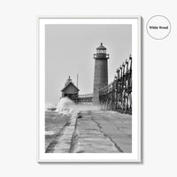 Grand Haven Black and White Fine Art Photo Print, Lighthouse, Michigan USA, Wall Poster