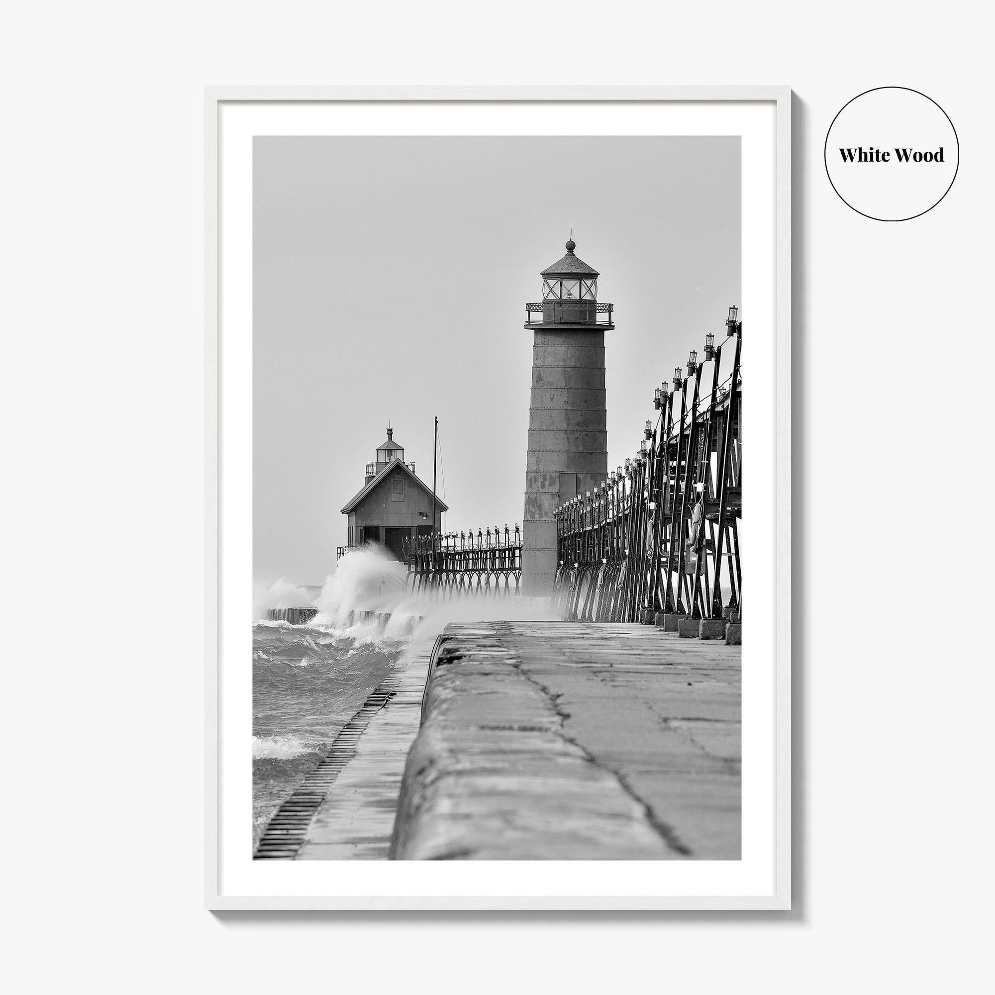 Grand Haven Black and White Fine Art Photo Print, Lighthouse, Michigan USA, Wall Poster