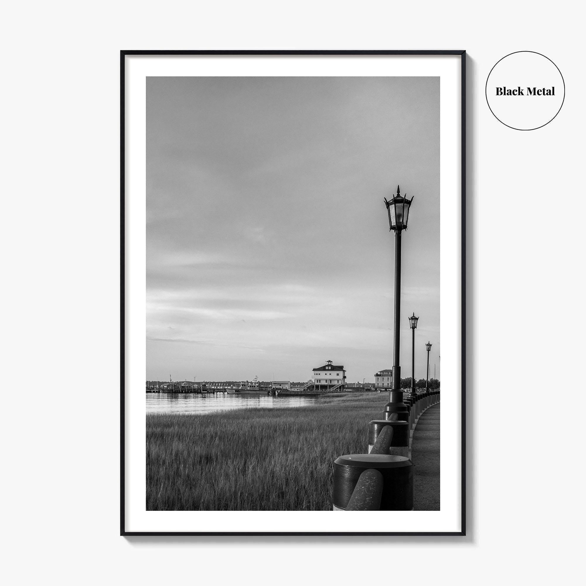 Charleston South Carolina Black and White Fine Art Photo Print, Boardwalk, Street Lamps, USA