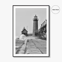 Grand Haven Black and White Fine Art Photo Print, Lighthouse, Michigan USA, Wall Poster