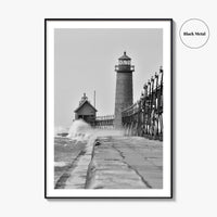 Grand Haven Black and White Fine Art Photo Print, Lighthouse, Michigan USA, Wall Poster
