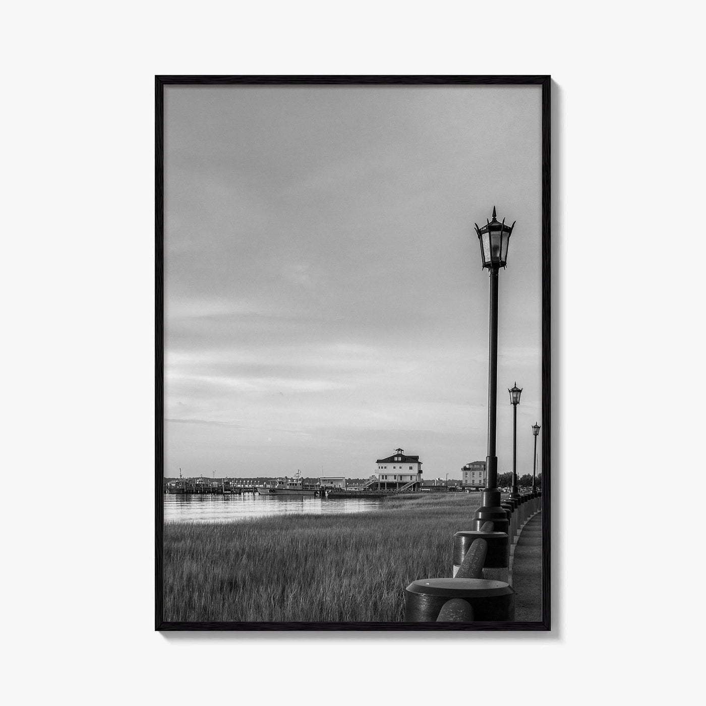 Charleston South Carolina Black and White Fine Art Photo Print, Boardwalk, Street Lamps, USA