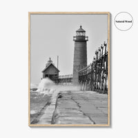 Grand Haven Black and White Fine Art Photo Print, Lighthouse, Michigan USA, Wall Poster