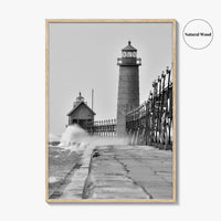 Grand Haven Black and White Fine Art Photo Print, Lighthouse, Michigan USA, Wall Poster
