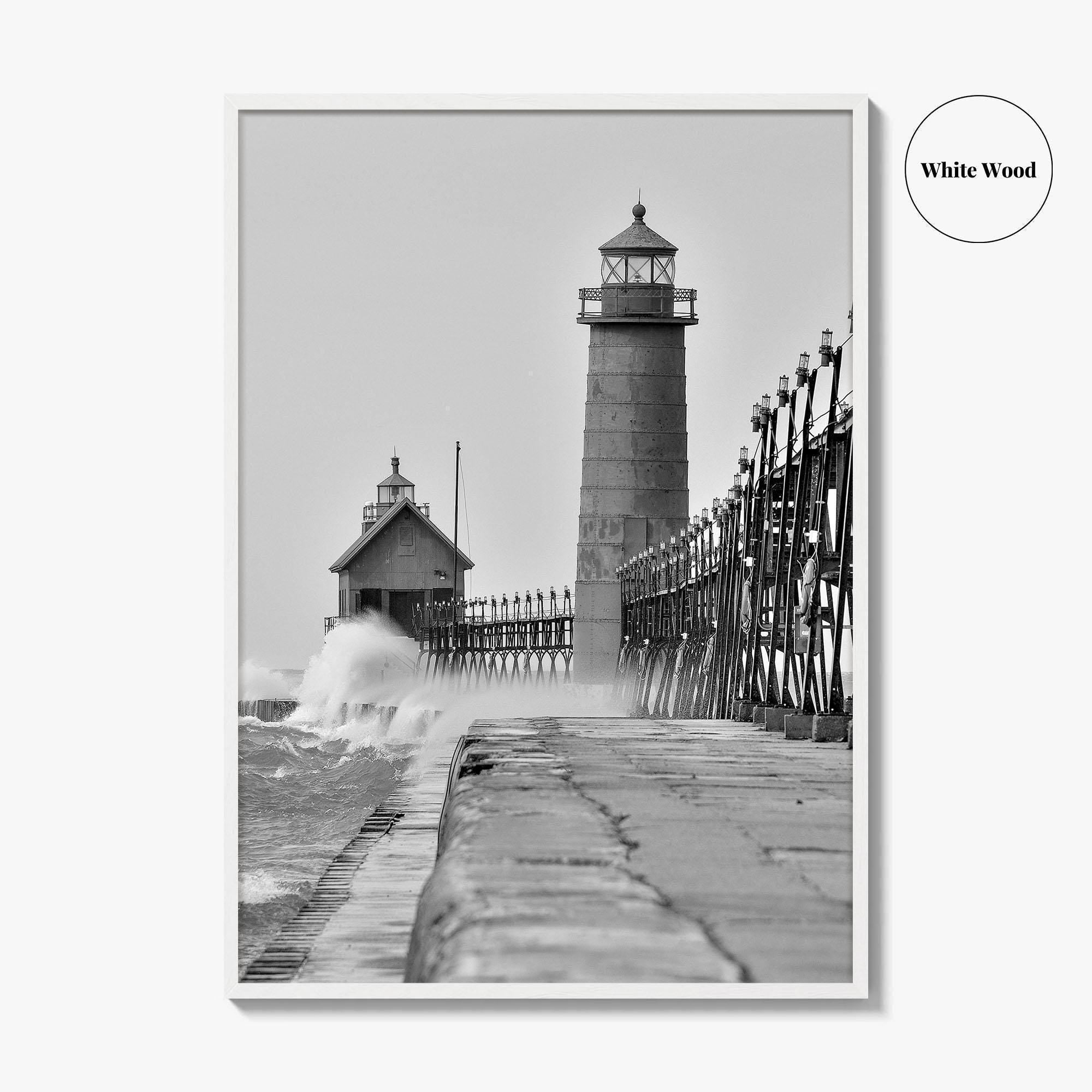 Grand Haven Black and White Fine Art Photo Print, Lighthouse, Michigan USA, Wall Poster