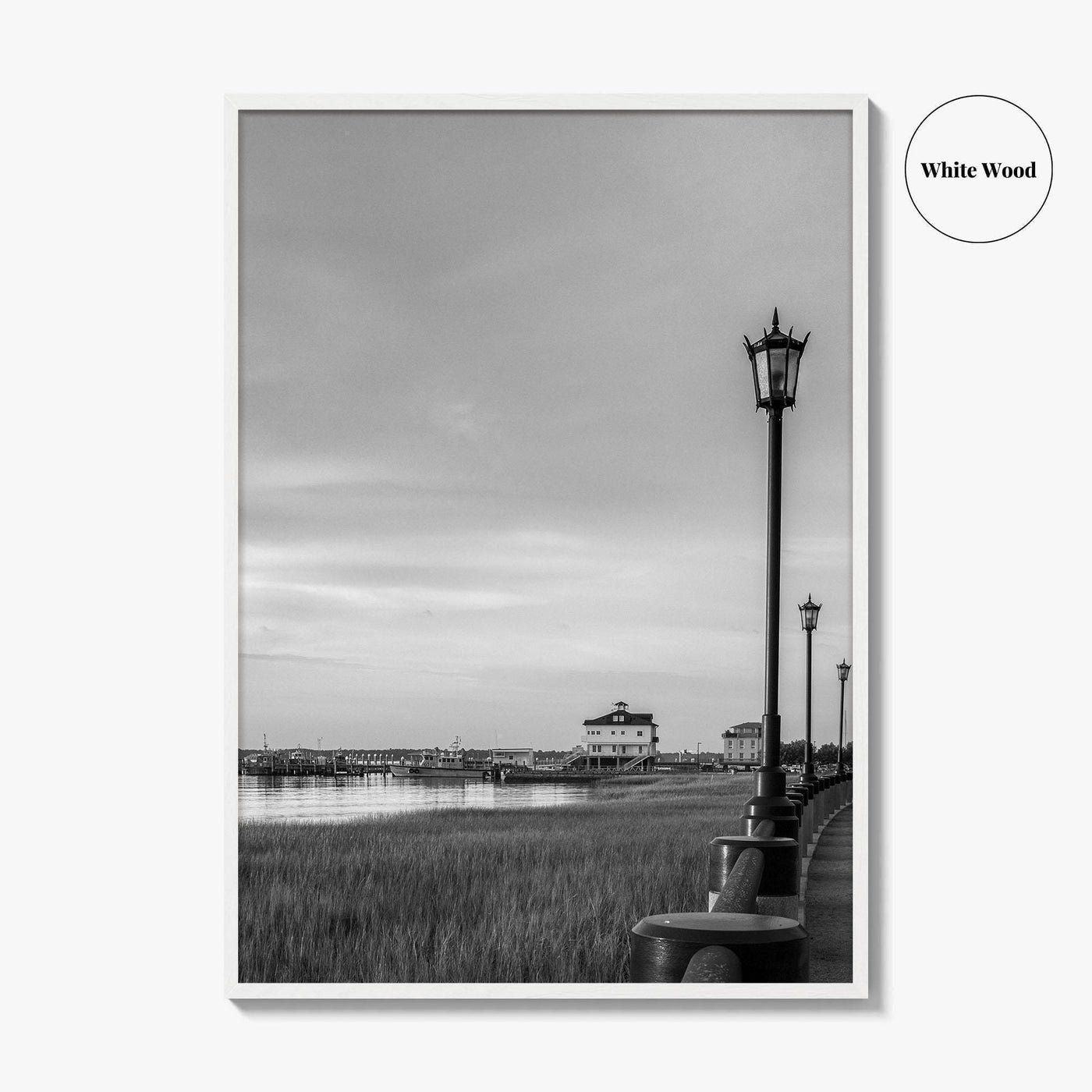 Charleston South Carolina Black and White Fine Art Photo Print, Boardwalk, Street Lamps, USA