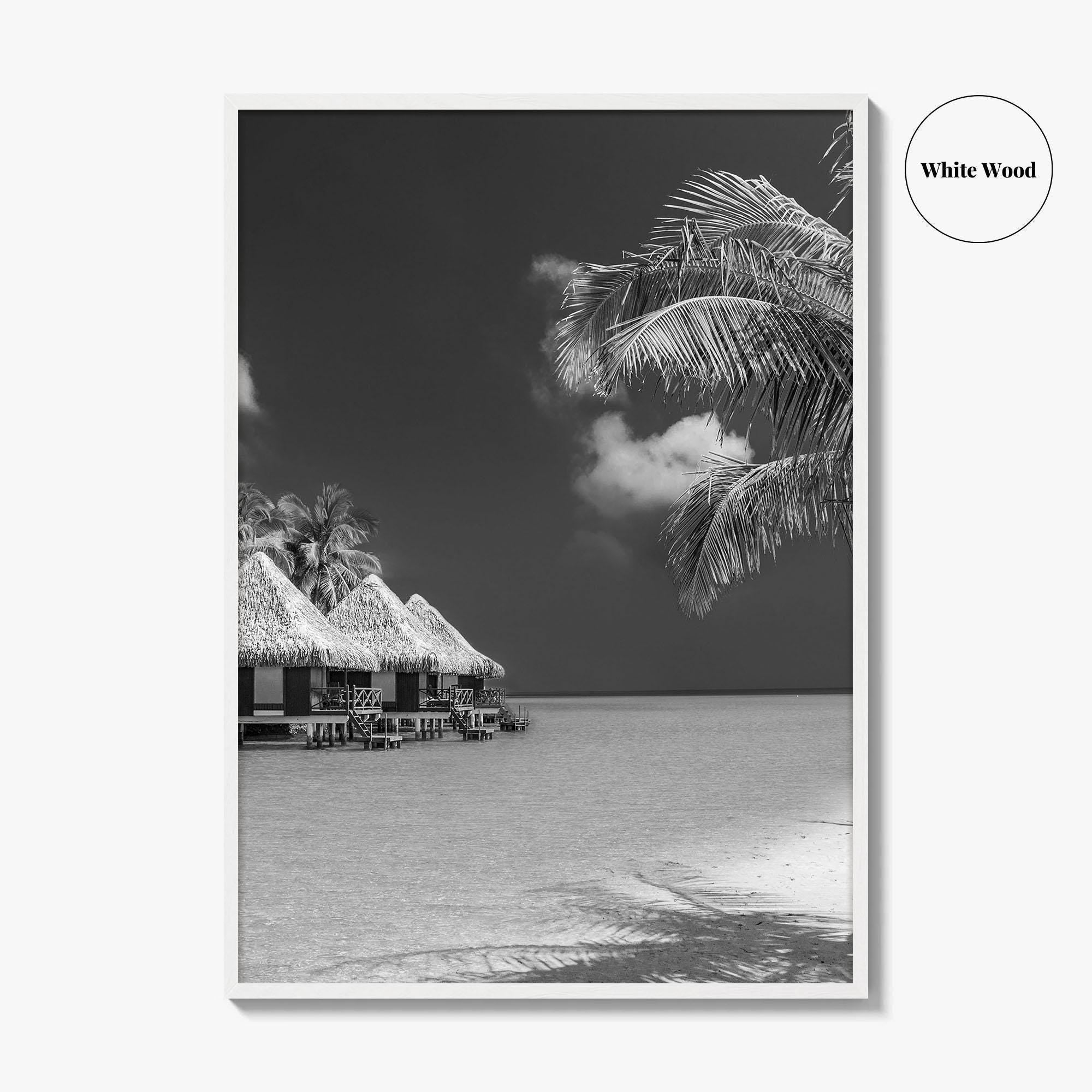 Maldives Black and White Fine Art Photo Print, Overwater Bungalows, Tropical Beach, Wall Poster