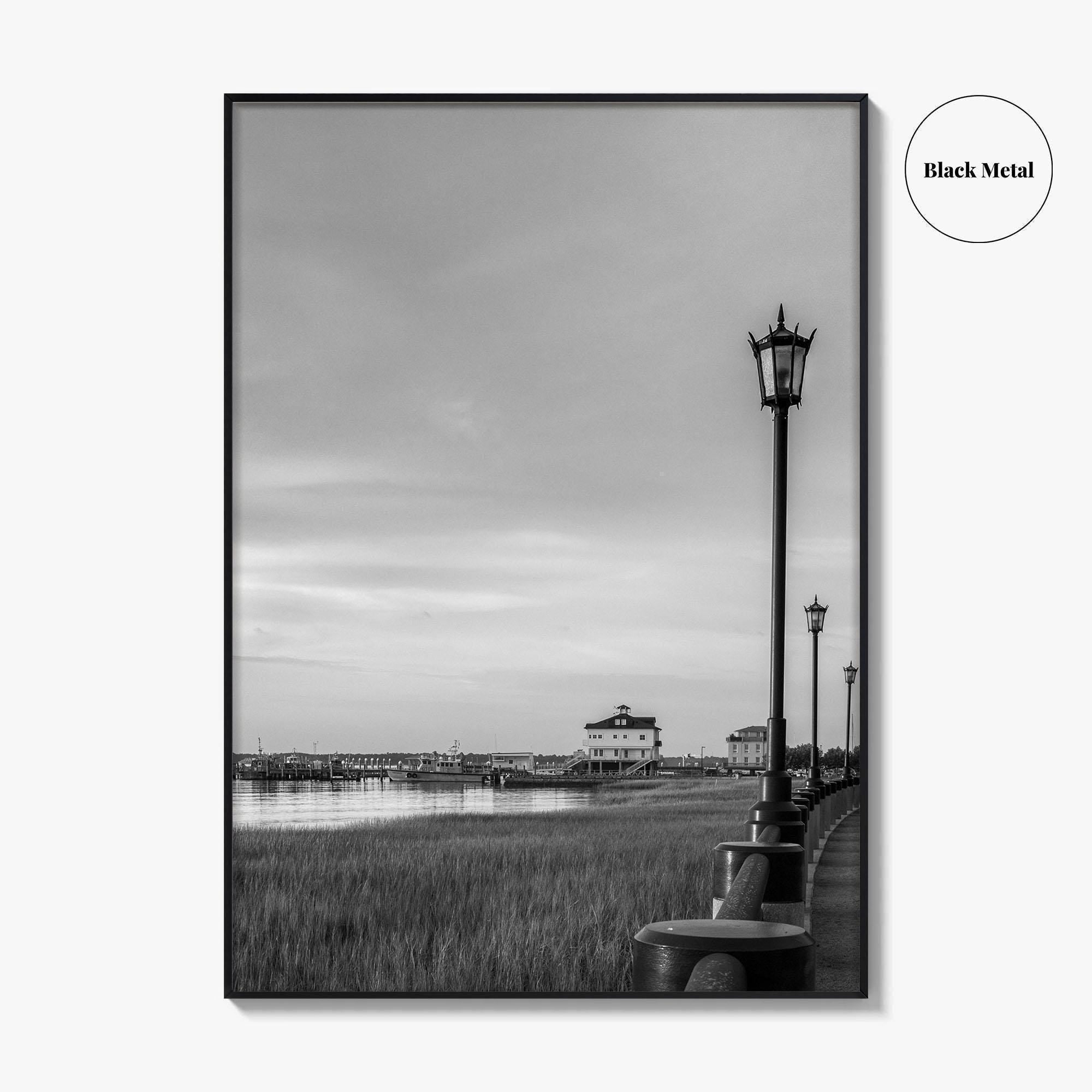Charleston South Carolina Black and White Fine Art Photo Print, Boardwalk, Street Lamps, USA