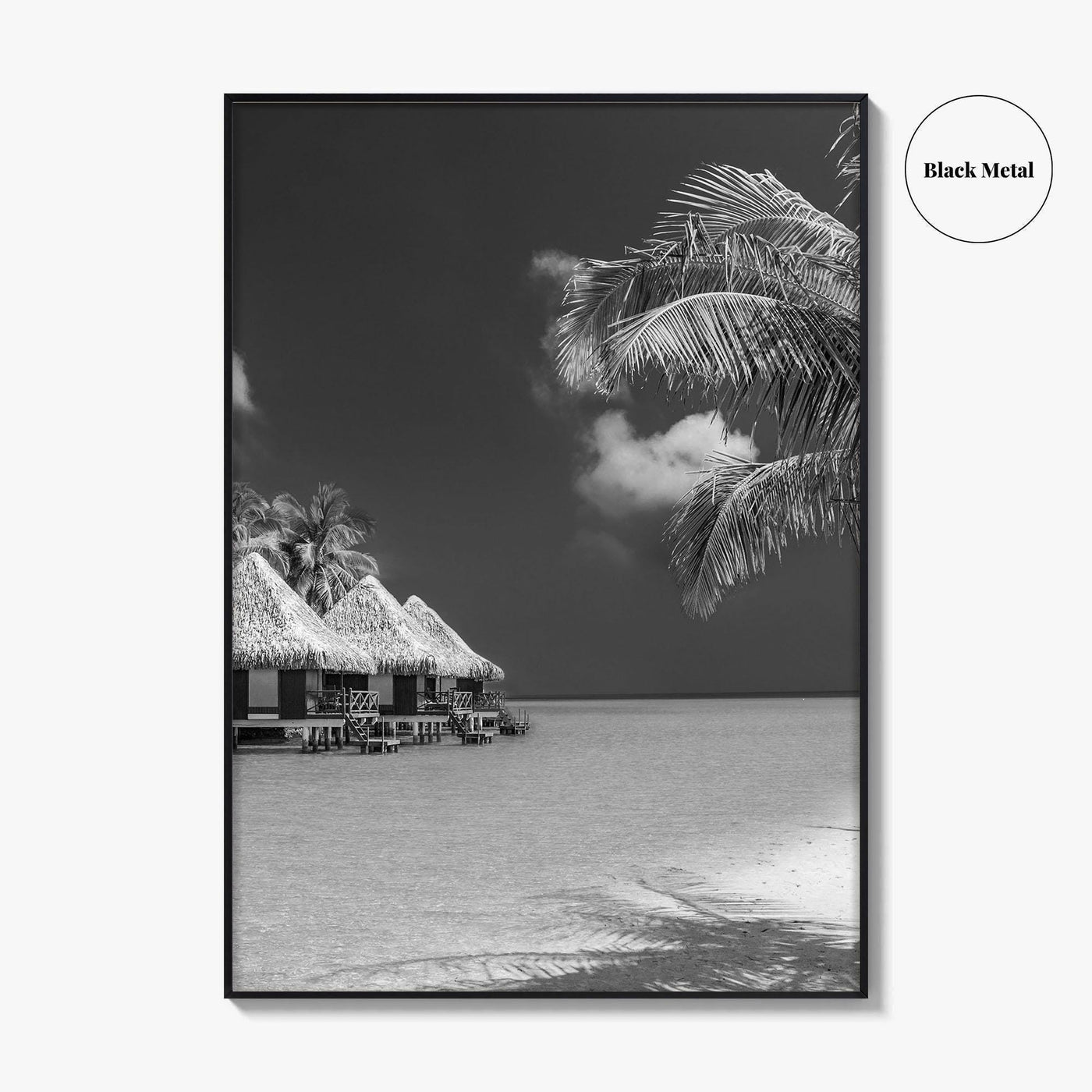 Maldives Black and White Fine Art Photo Print, Overwater Bungalows, Tropical Beach, Wall Poster
