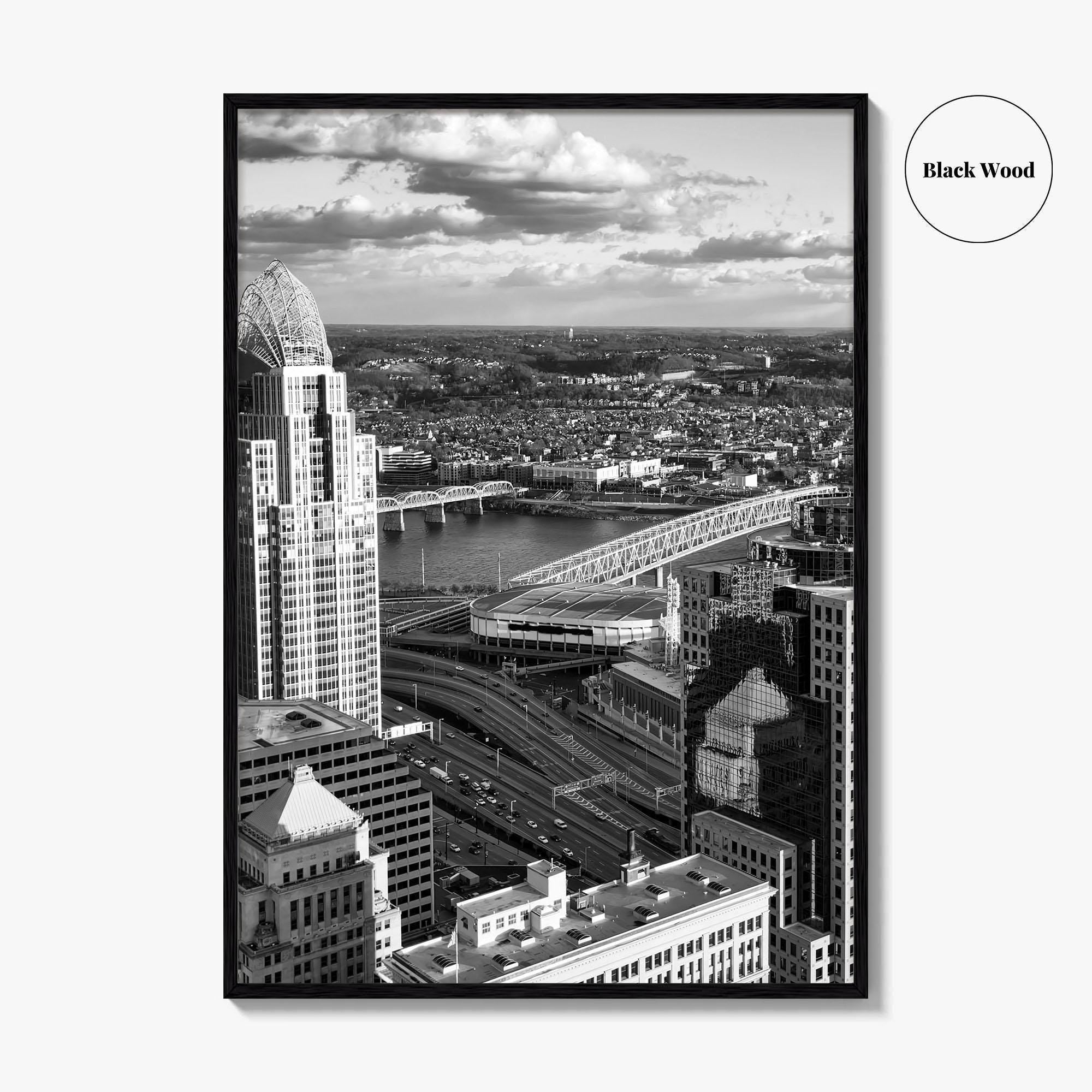 Cincinnati Skyline Black and White Fine Art Photo Print, Ohio River, USA Poster