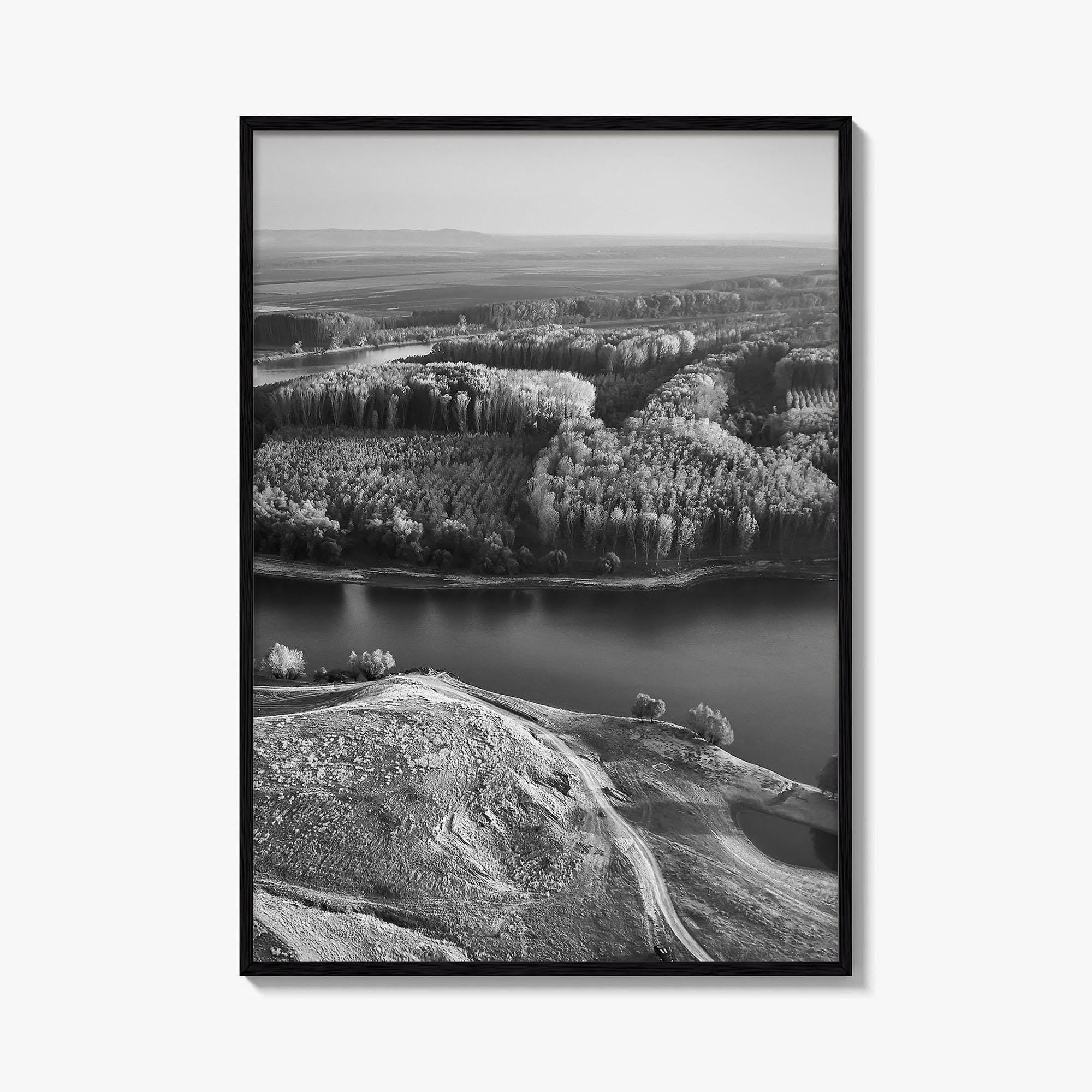 Danube River Romania Black and White Fine Art Photo Print, Dobrogea, Aerial View, Poster