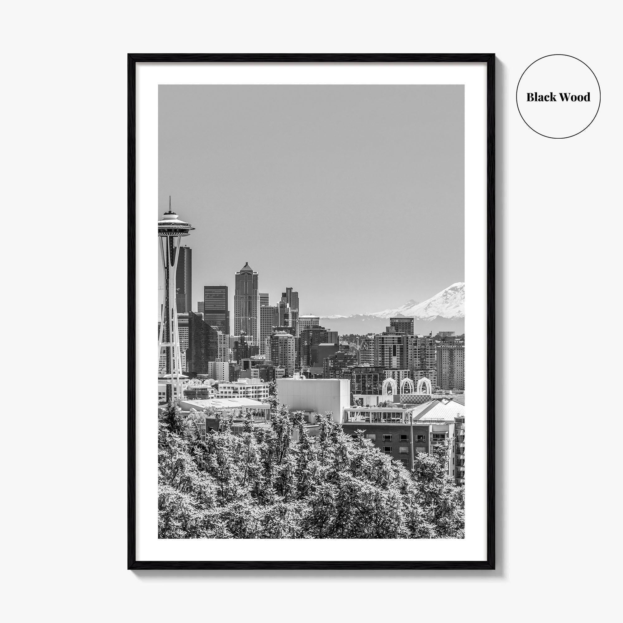 Seattle Skyline Black and White Fine Art Photo Print, Mount Rainier Washington Poster