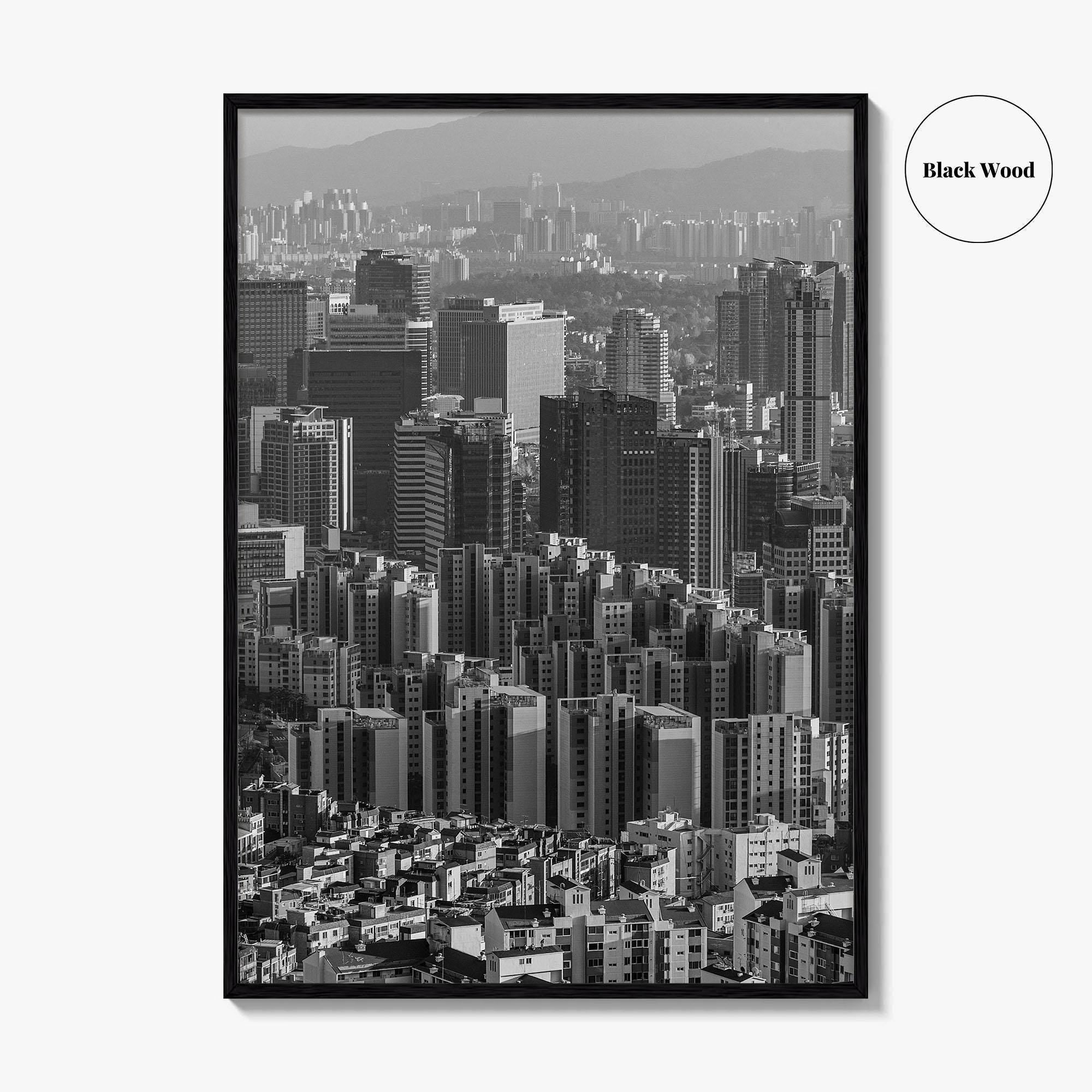 Seoul Skyline Black and White Fine Art Photo Print, South Korea Wall Decor Poster
