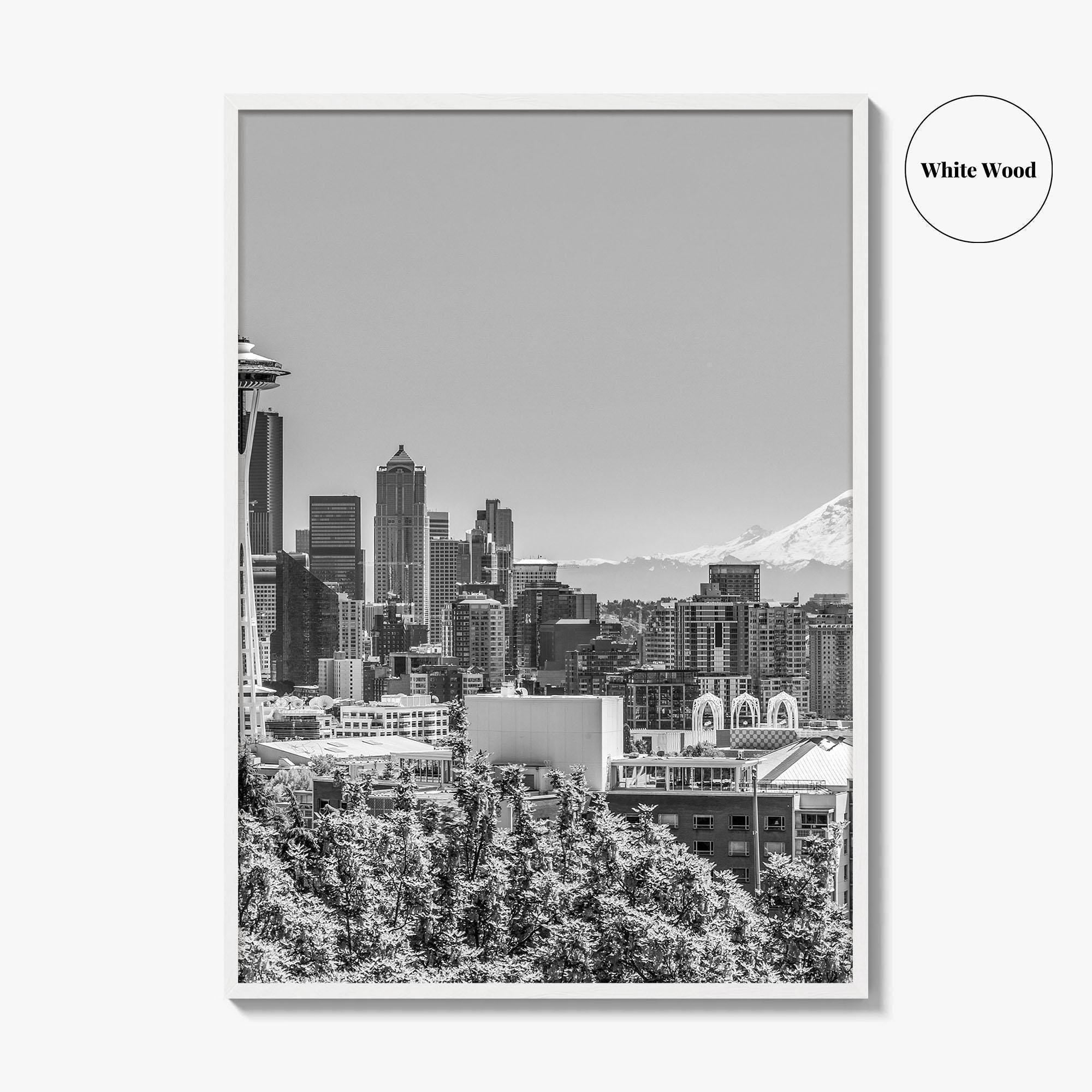 Seattle Skyline Black and White Fine Art Photo Print, Mount Rainier Washington Poster