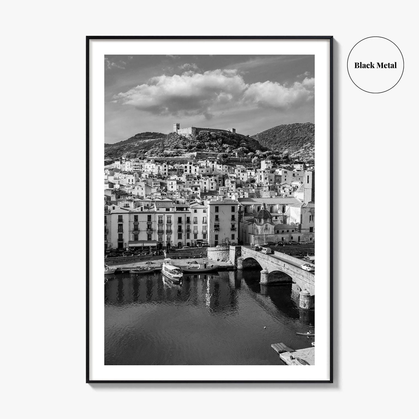 Bosa Black and White Fine Art Photo Print, Sardinia Italy, Sardegna, Aerial View, Poster