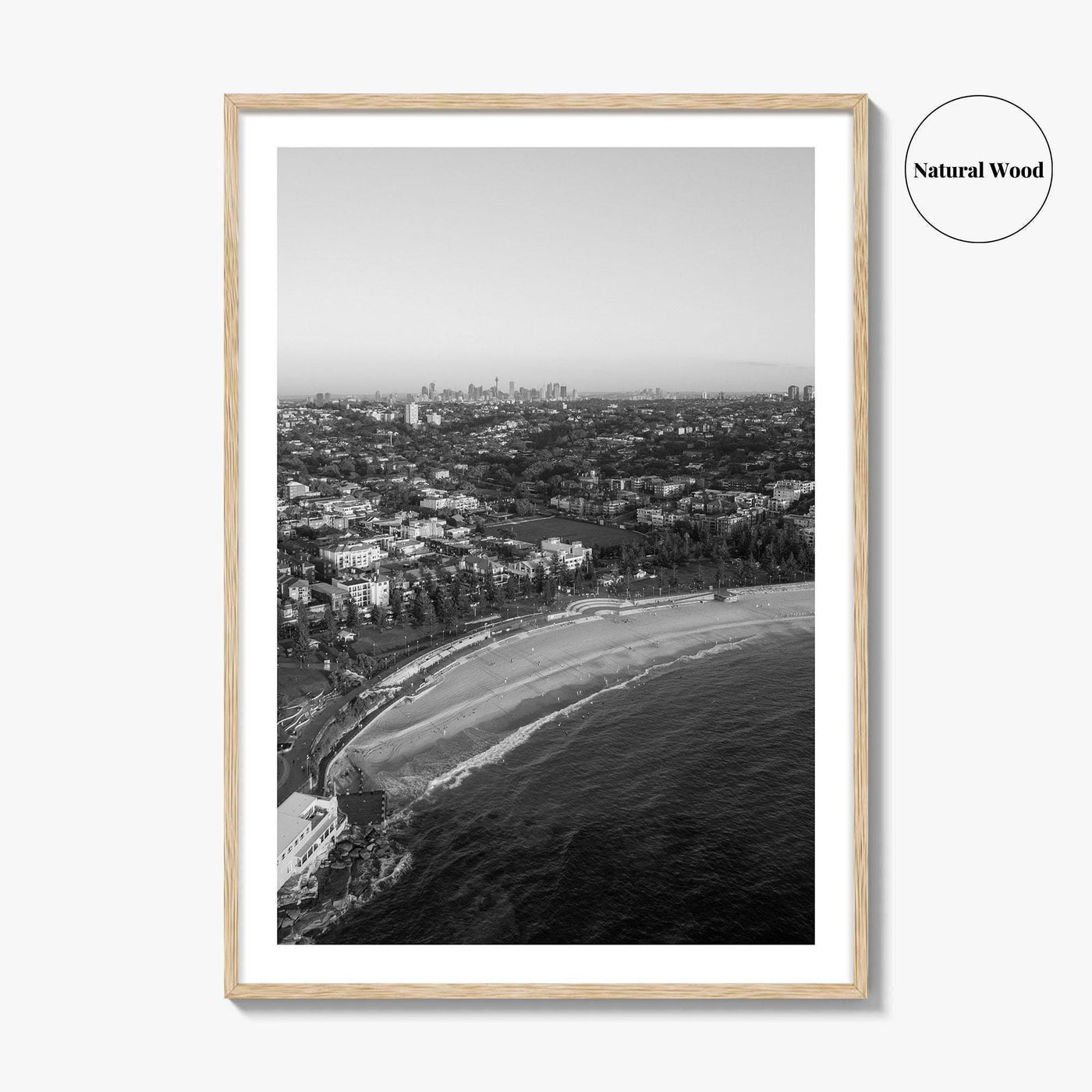 Coogee Beach Skyline Black and White Fine Art Photo Print, Sydney, Aerial View, NSW
