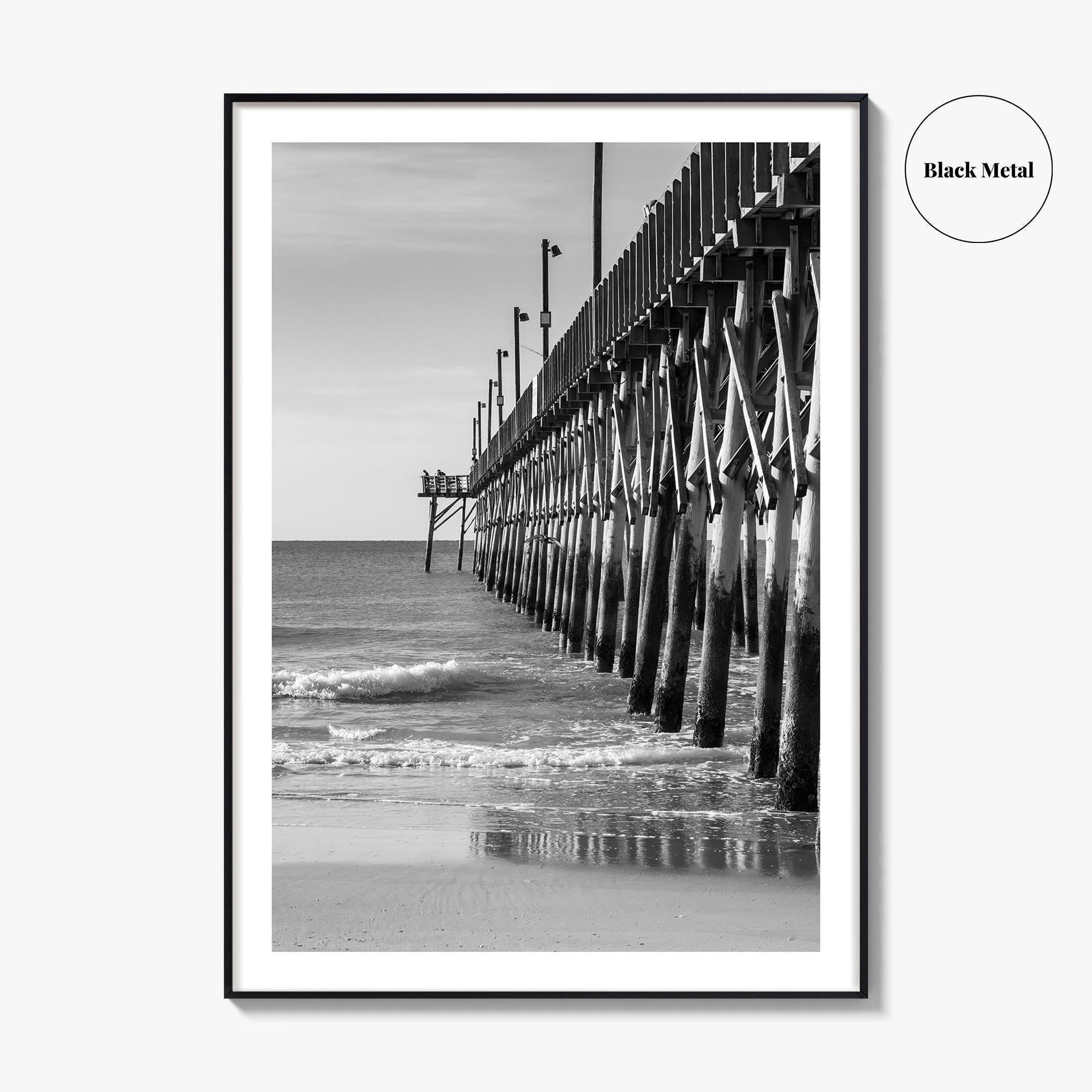 Surf City Black and White Fine Art Photo Print, Ocean Pier, USA Wall Poster