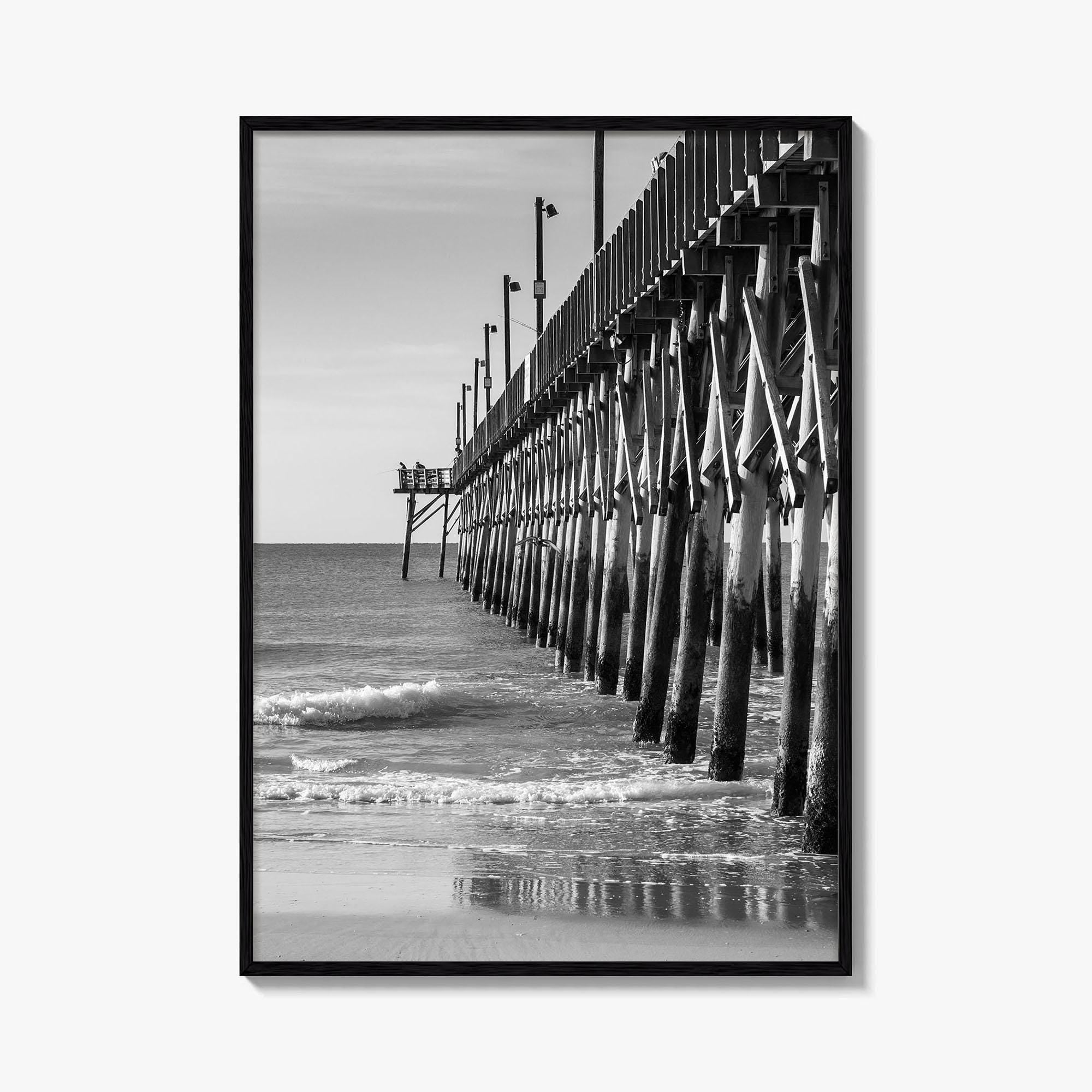 Surf City Black and White Fine Art Photo Print, Ocean Pier, USA Wall Poster