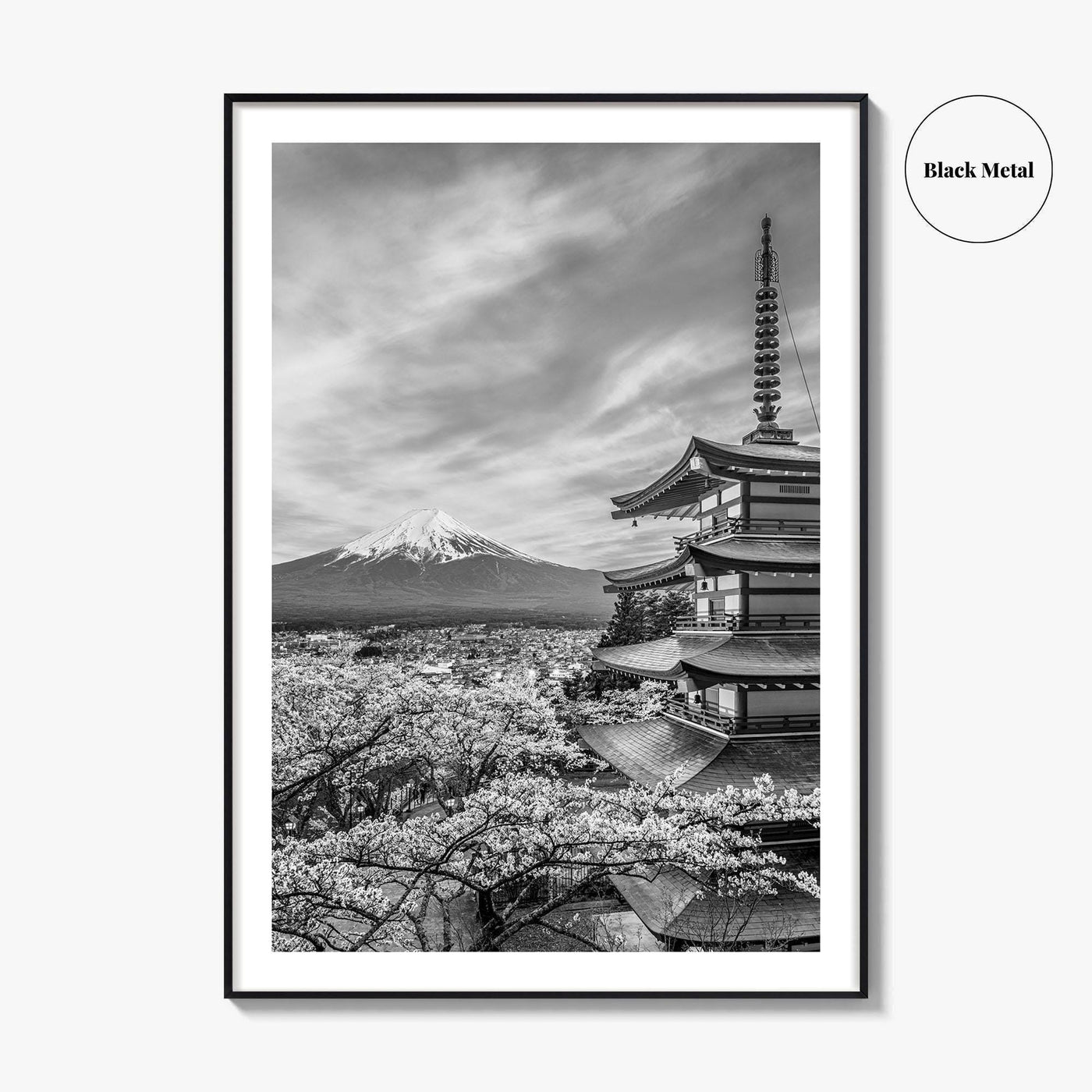 Fujiyoshida Black and White Fine Art Photo Print, Mount Fuji, Chureito Pagoda Poster