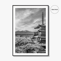 Fujiyoshida Black and White Fine Art Photo Print, Mount Fuji, Chureito Pagoda Poster