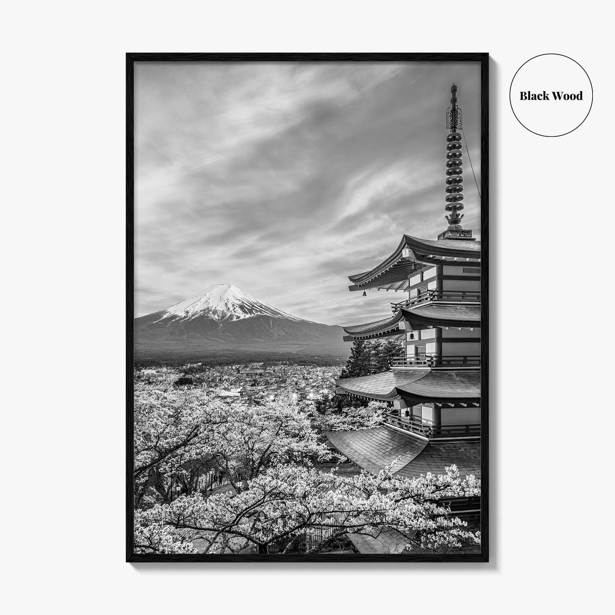 Fujiyoshida Black and White Fine Art Photo Print, Mount Fuji, Chureito Pagoda Poster