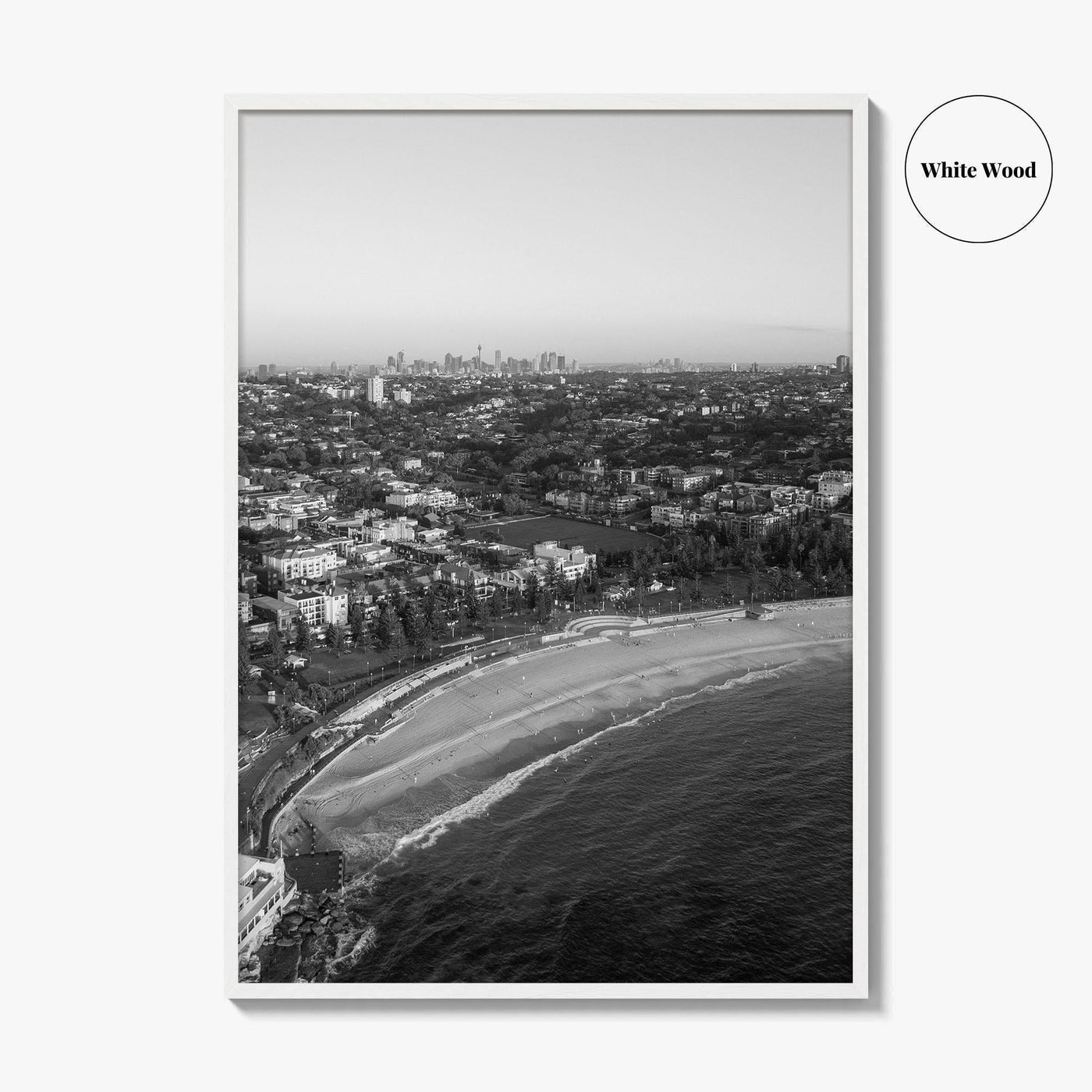 Coogee Beach Skyline Black and White Fine Art Photo Print, Sydney, Aerial View, NSW