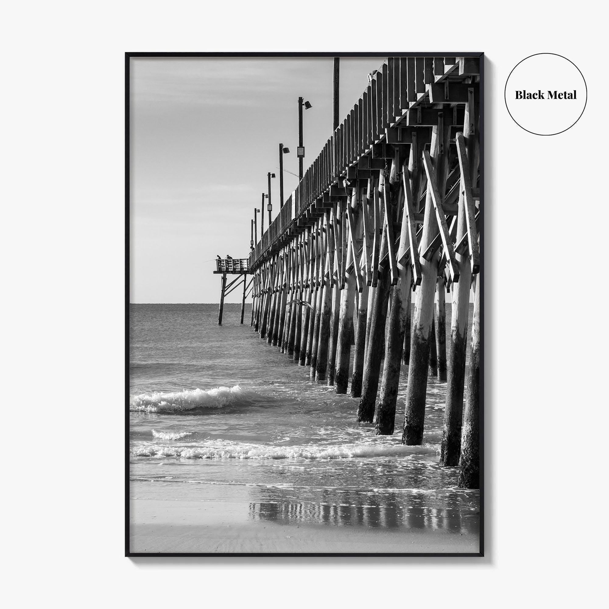 Surf City Black and White Fine Art Photo Print, Ocean Pier, USA Wall Poster