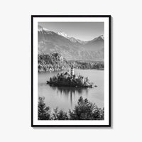 Lake Bled Black and White Fine Art Photo Print, Slovenia Wall Poster, Julian Alps