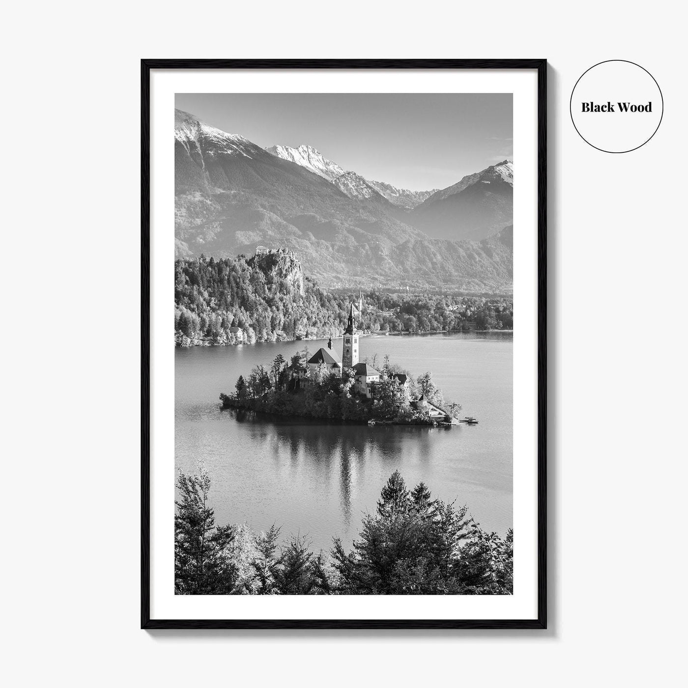 Lake Bled Black and White Fine Art Photo Print, Slovenia Wall Poster, Julian Alps