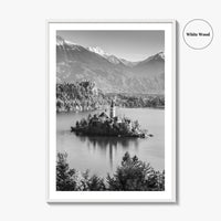 Lake Bled Black and White Fine Art Photo Print, Slovenia Wall Poster, Julian Alps