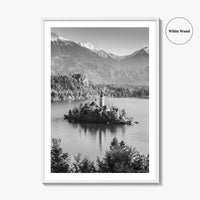Lake Bled Black and White Fine Art Photo Print, Slovenia Wall Poster, Julian Alps