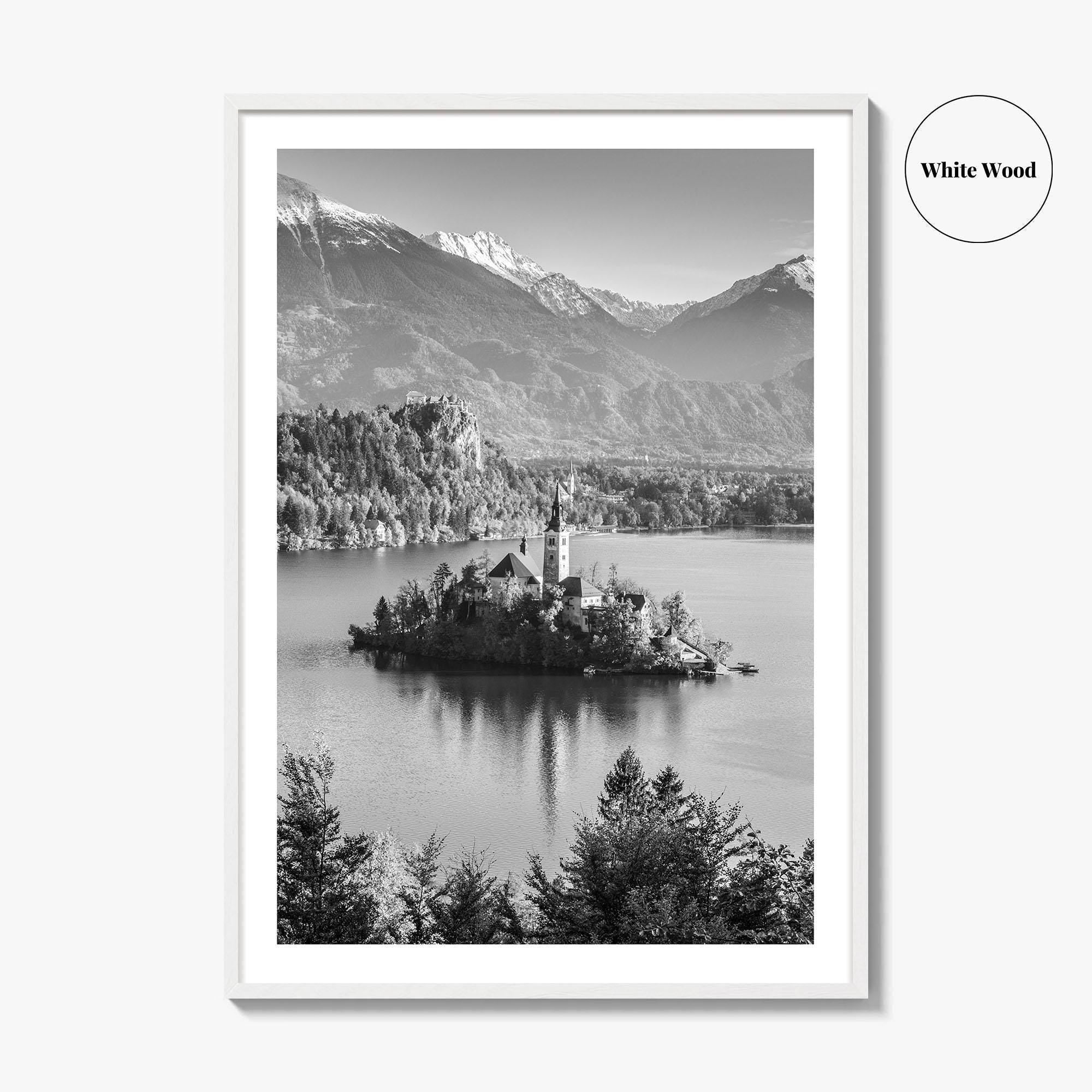 Lake Bled Black and White Fine Art Photo Print, Slovenia Wall Poster, Julian Alps