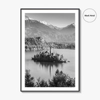 Lake Bled Black and White Fine Art Photo Print, Slovenia Wall Poster, Julian Alps