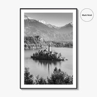 Lake Bled Black and White Fine Art Photo Print, Slovenia Wall Poster, Julian Alps